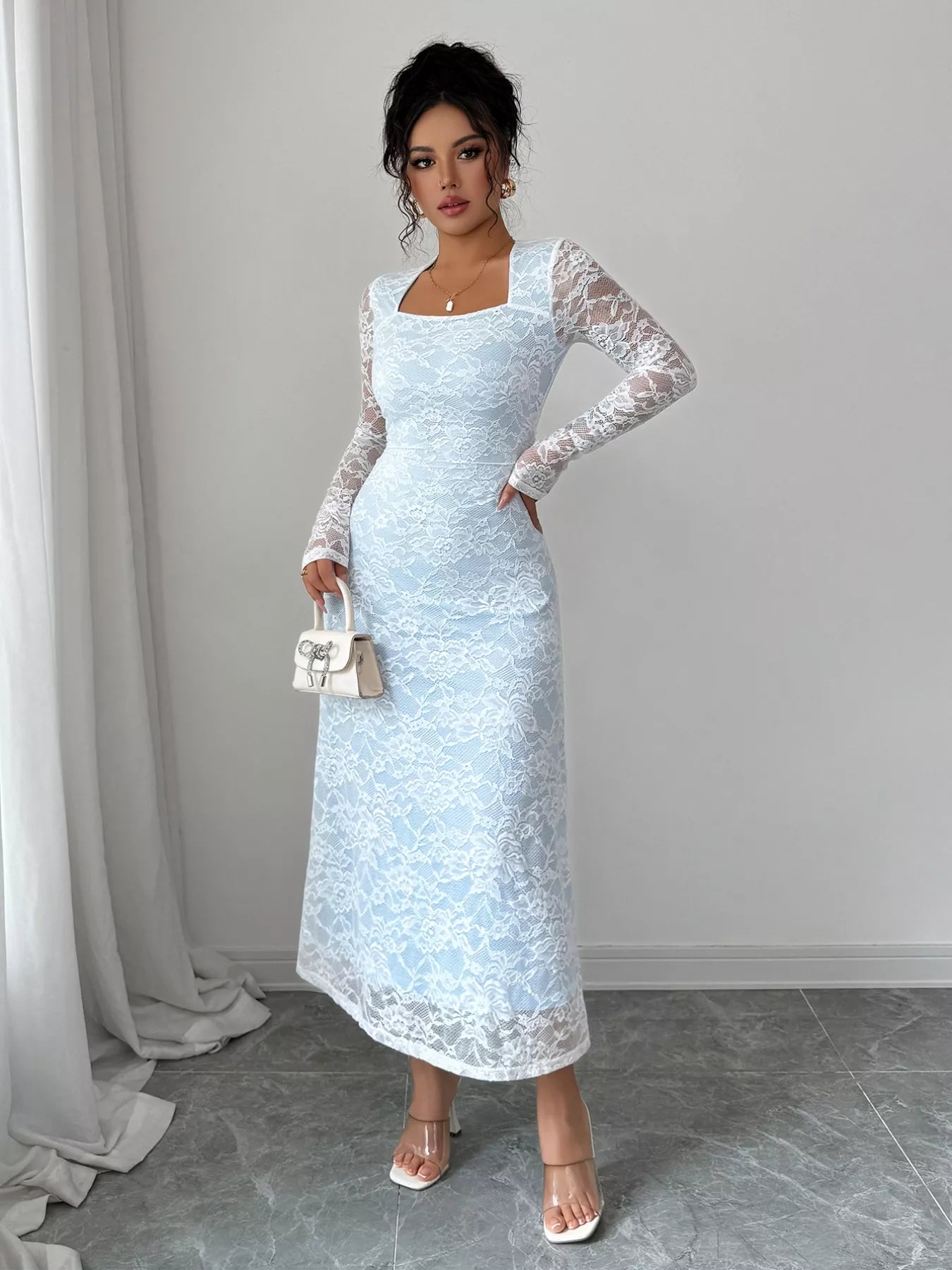 Lace Long Sleeve Square Neck Maxi Dress Trendsi
