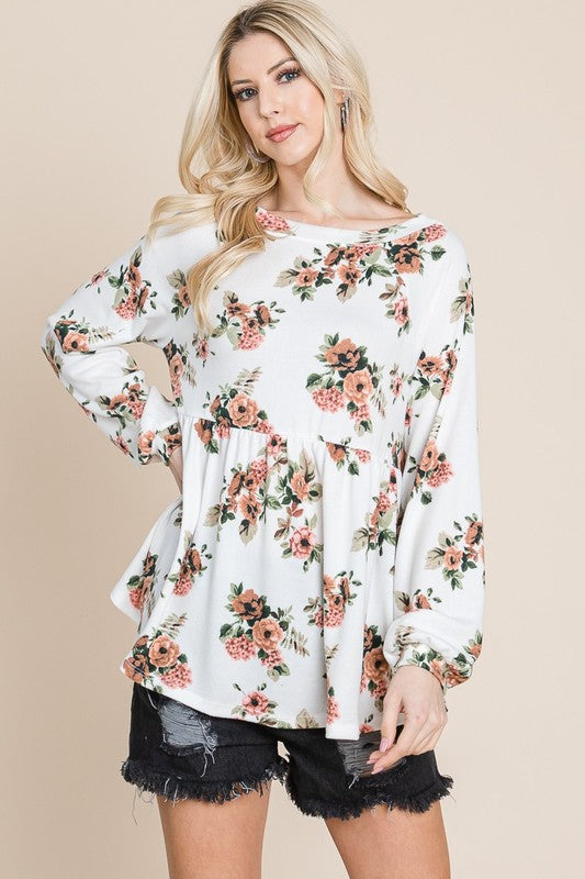 Outfit Flow - Super Lady Full Size Babydoll Floral Boat Neck Long Sleeve Blouse