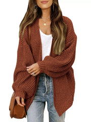 Oversized Chunky Knit Open Front Cardigan Brown OutfitFlow