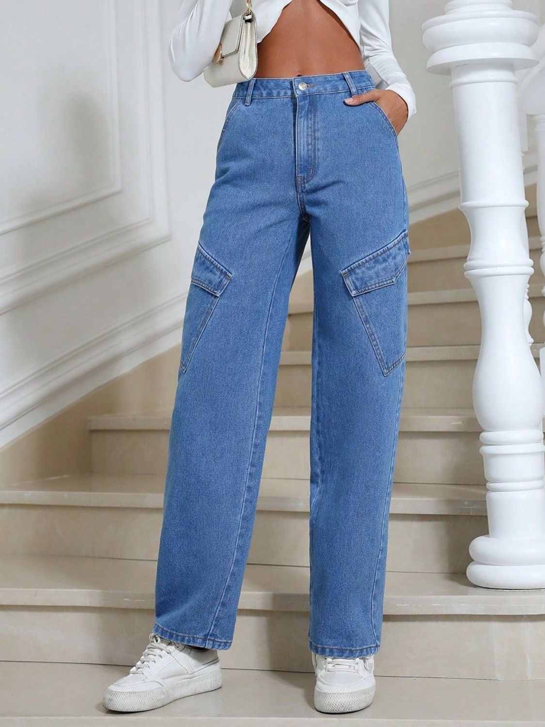 High Waist Straight Leg Jeans with Pockets