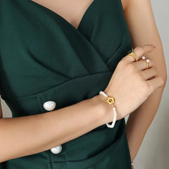 Titanium Steel Pearl Flower Bracelet Gold One Size OutfitFlow