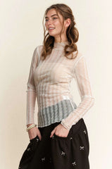 Davi & Dani Turtle Neck Lace Dotted Stretch Mesh Sheer Top OutfitFlow