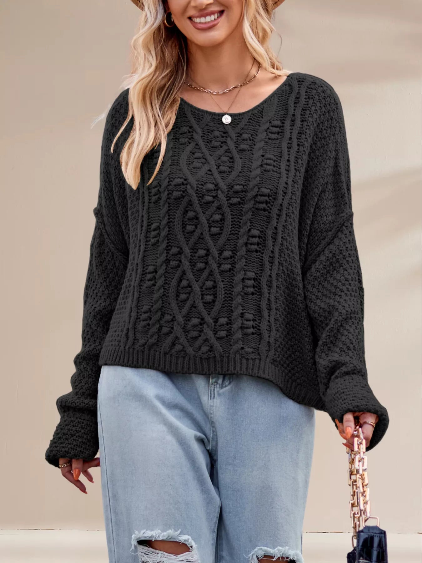 Textured Knit Round Neck Sweater OutfitFlow