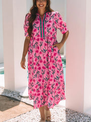 Floral Contrast Neckline A-line Puff Sleeve Dress OutfitFlow