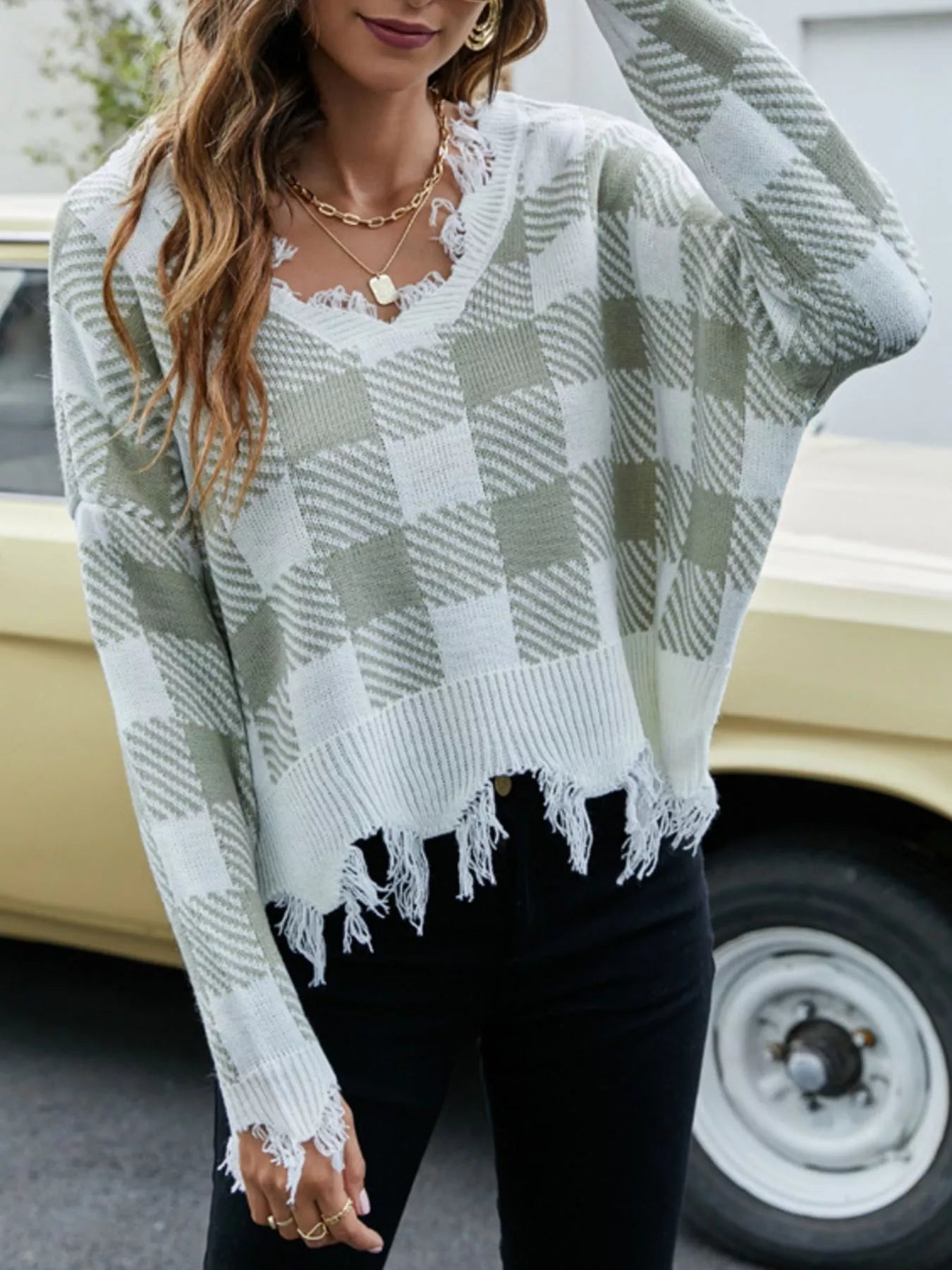 Frayed Hem Long Sleeve Sweater OutfitFlow