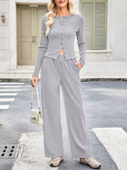 Button-Up Top & Wide Leg Pants Set OutfitFlow