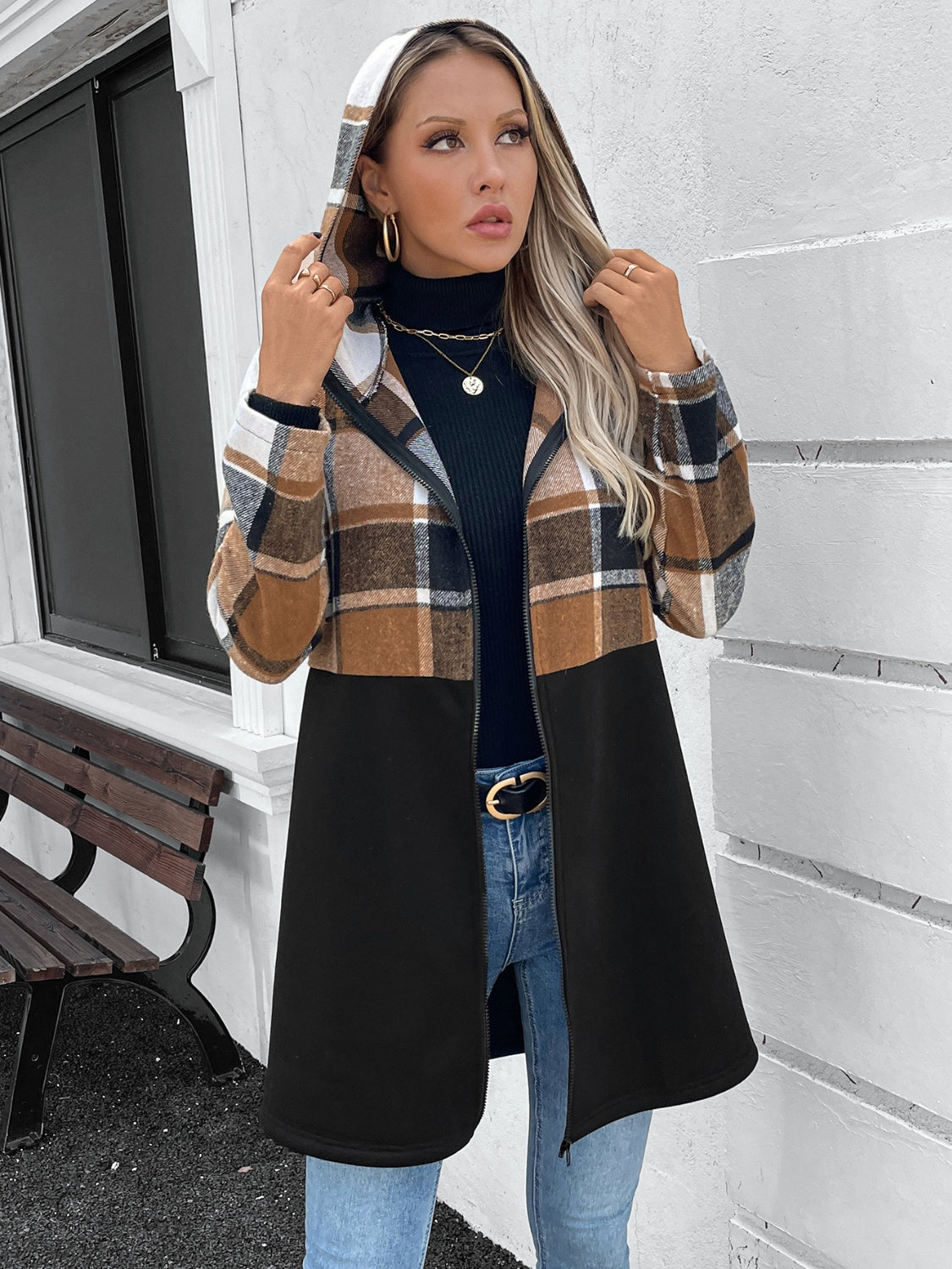 Outfit Flow - Plaid Zip Up Long Sleeve Hooded Outerwear