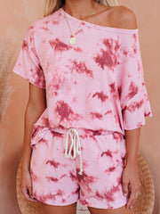 Tie-Dye Boat Neck Top and Shorts Set Pink OutfitFlow