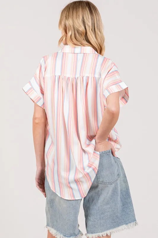 SAGE+FIG Full Size Multi Stripe Button Down Short Sleeve Shirt Plus Size OutfitFlow