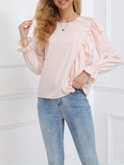 Ruffled Round Neck Long Sleeve Blouse OutfitFlow
