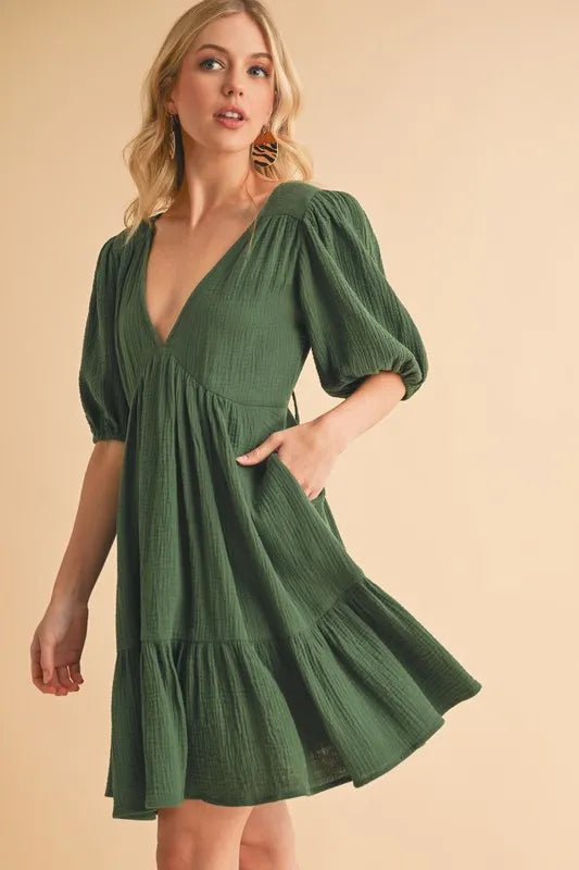 Tied Back Ruffled Short Sleeve Mini Dress OutfitFlow