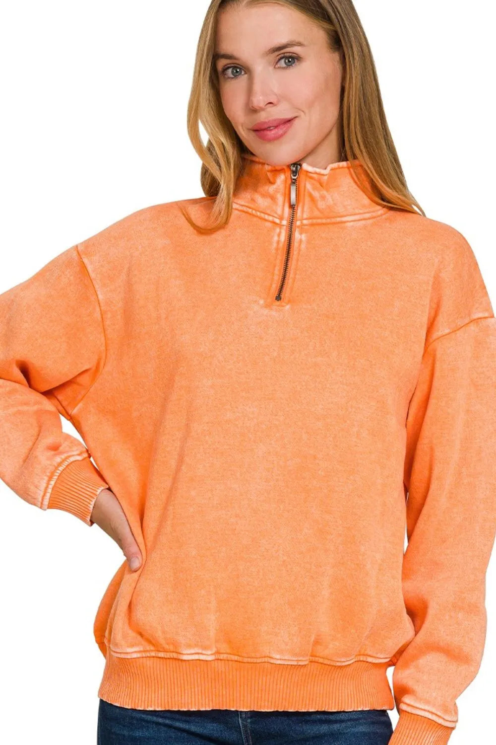 Zenana Acid Wash Fleece Half Zip Pullover Sweatshirt OutfitFlow