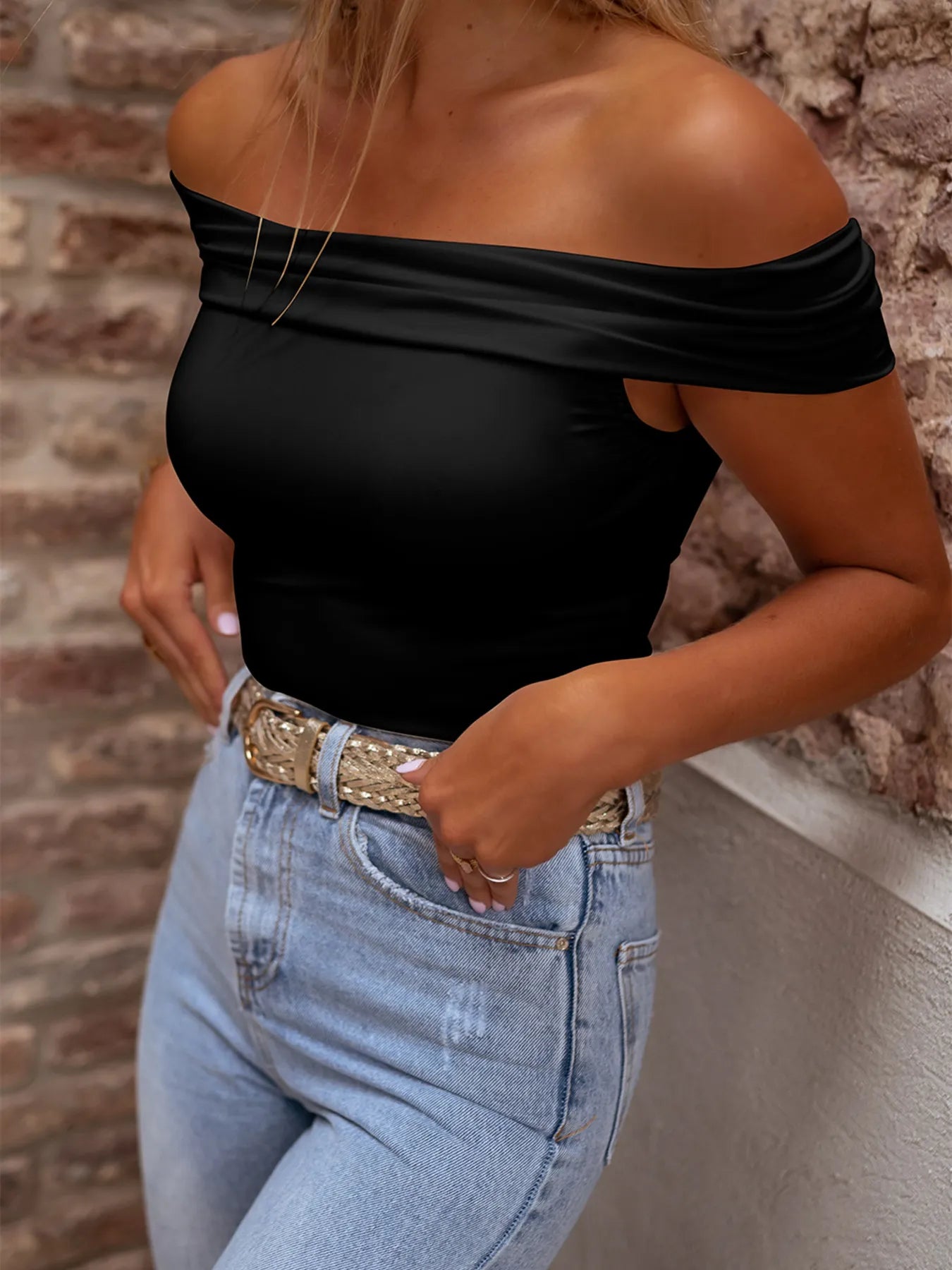 Folded Off Shoulder Slim Top OutfitFlow