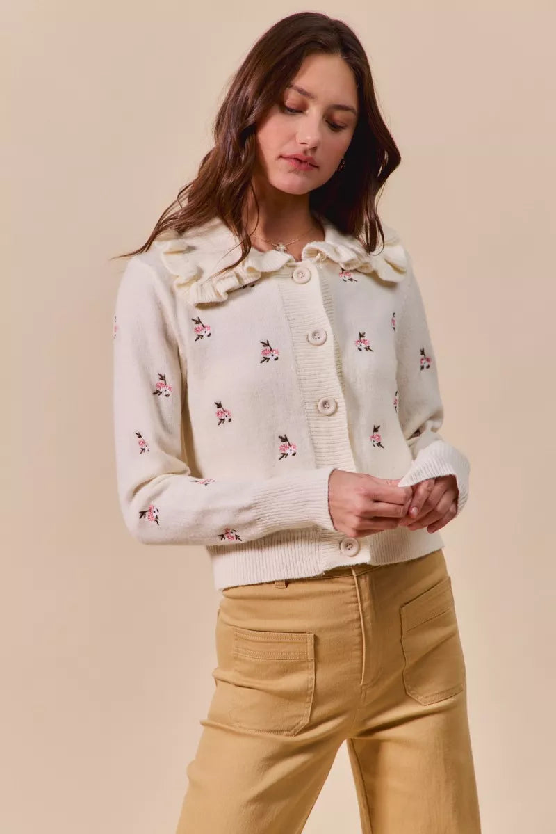 SO ME Collared Floral Embroidered Button Down Sweater Cardigan OutfitFlow