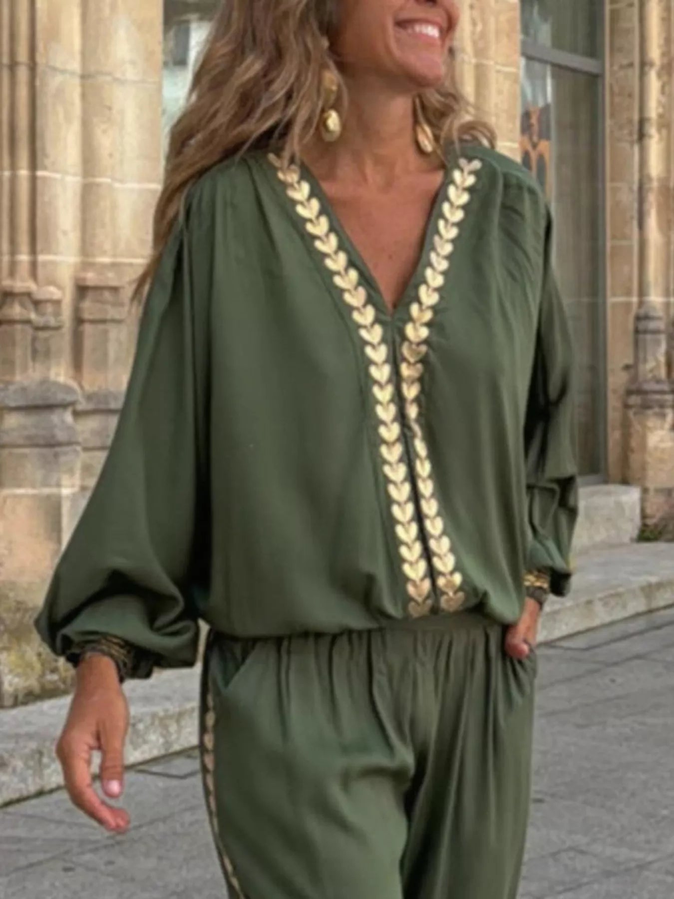 Full Size Contrast Trim V-Neck Top and Pants Set Plus Size Army Green OutfitFlow
