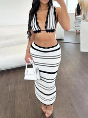 Striped Cami and Midi Skirt Sweater Set White OutfitFlow