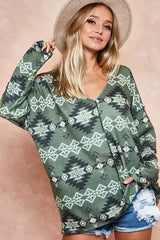 BiBi Aztec Print Brushed Out Stitching Detailed Top OutfitFlow