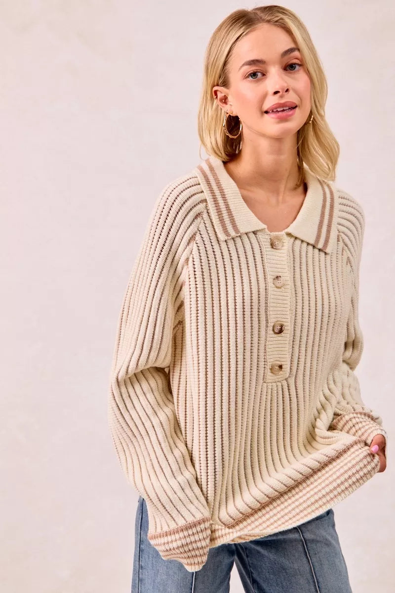 BiBi Half Button Ribbed Two Tone Sweater OutfitFlow