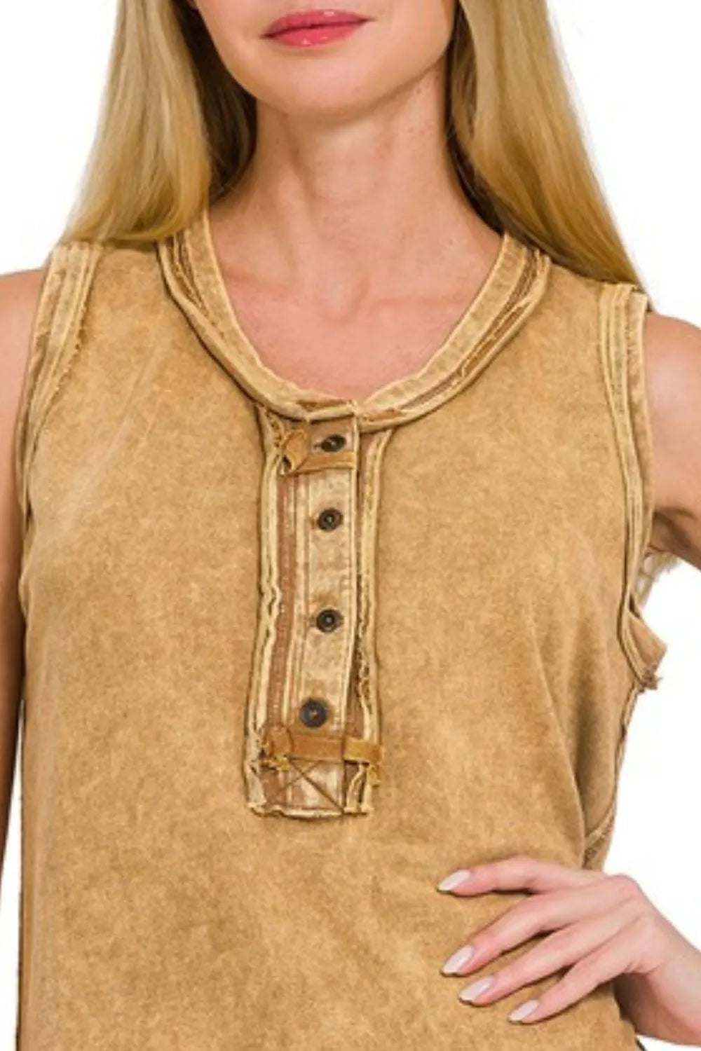Zenana Washed Half-button Raw Edge Sleeveless Henley Top OutfitFlow