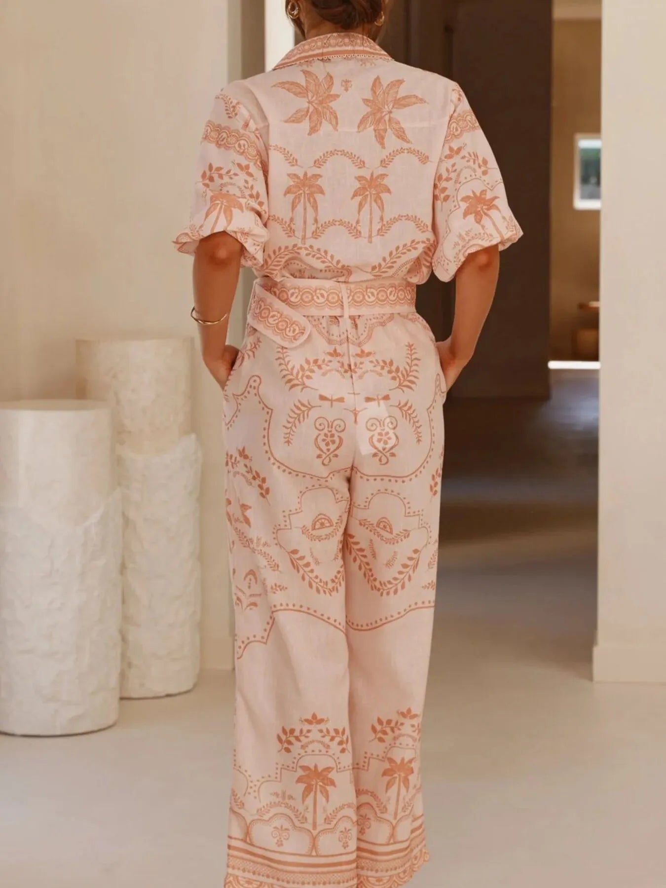 Printed Button Up Shirt and Pants Set OutfitFlow