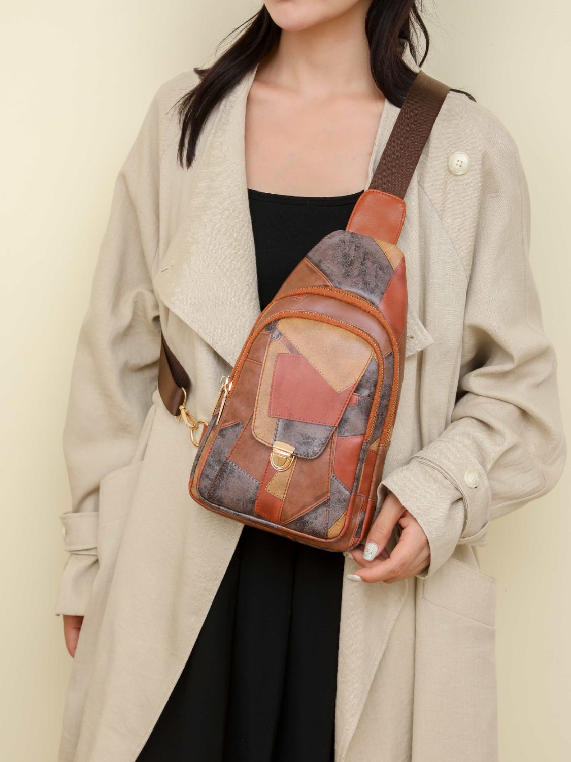 Outfit Flow - PU Leather Color Block Crossbody Bag