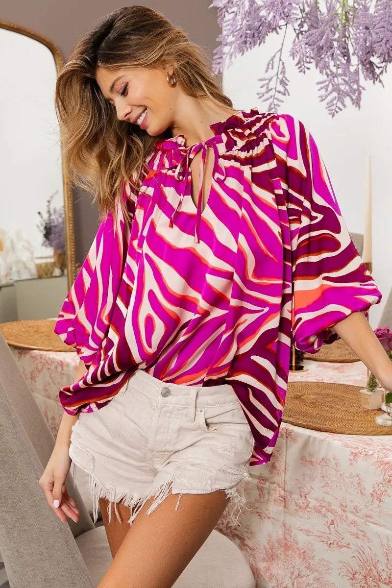 BiBi Tied Neck Half Balloon Sleeve Zebra Satin Top OutfitFlow