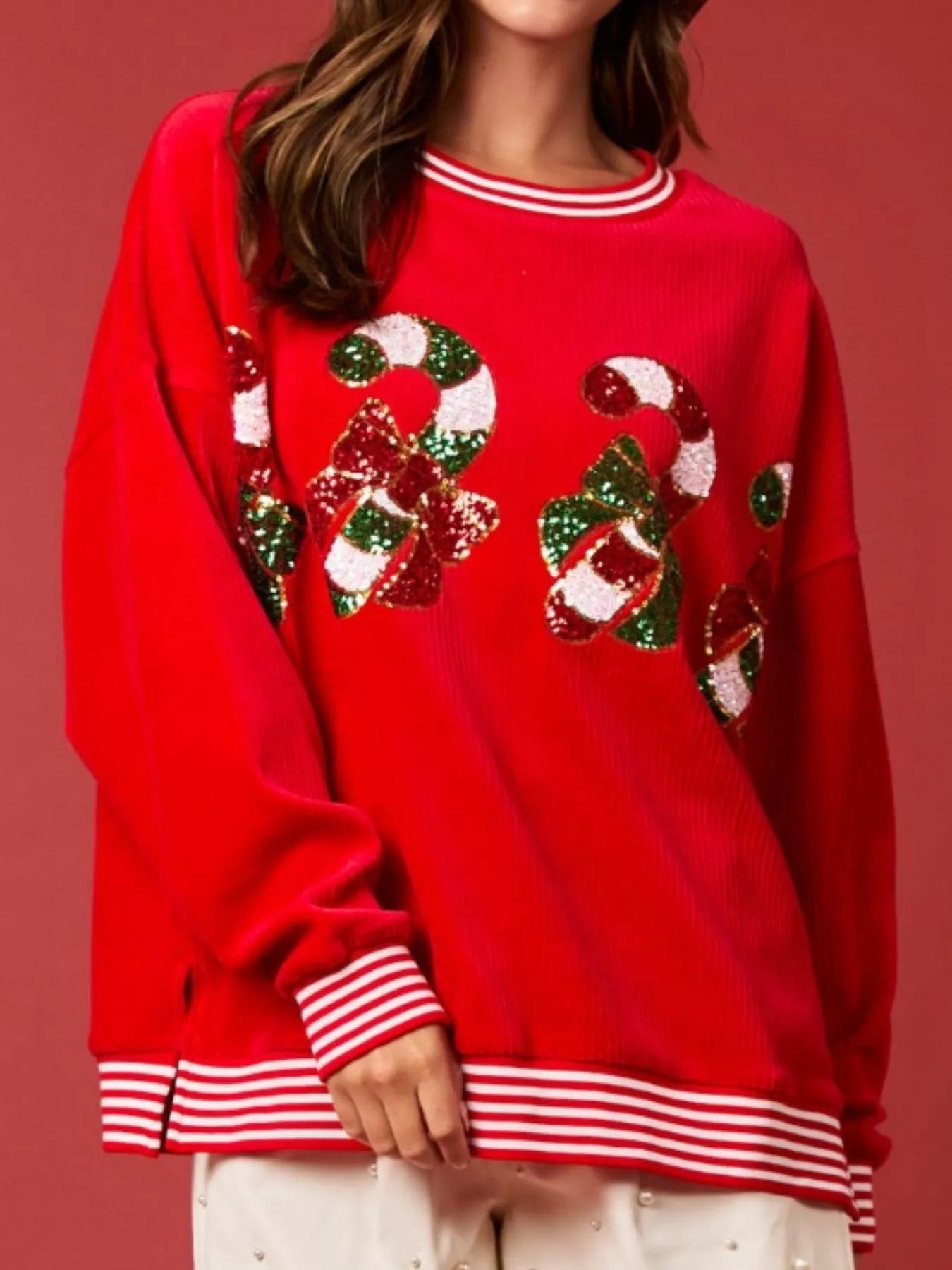 Christmas Sequin Candy Cane and Santa Sweatshirt with Striped Hem OutfitFlow