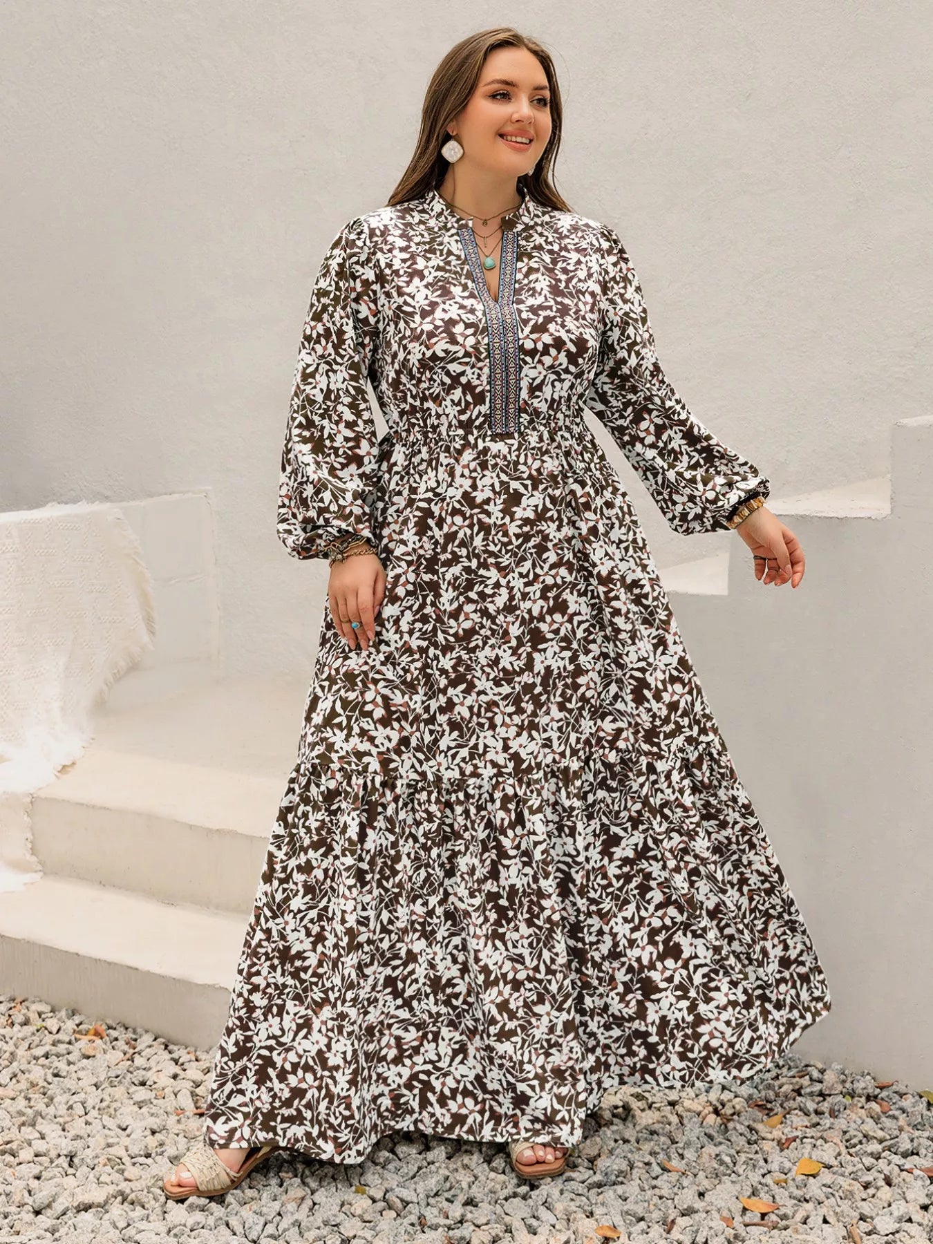 Plus Size Floral Print Long Sleeve Maxi Dress OutfitFlow