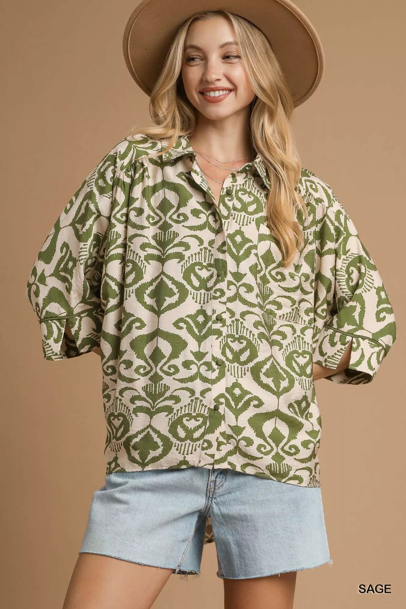 Umgee Abstract Print Button-Up Oversized Shirt SAGE OutfitFlow