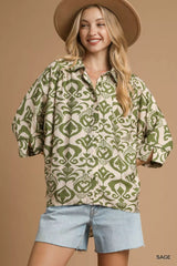 Umgee Abstract Print Button-Up Oversized Shirt SAGE OutfitFlow
