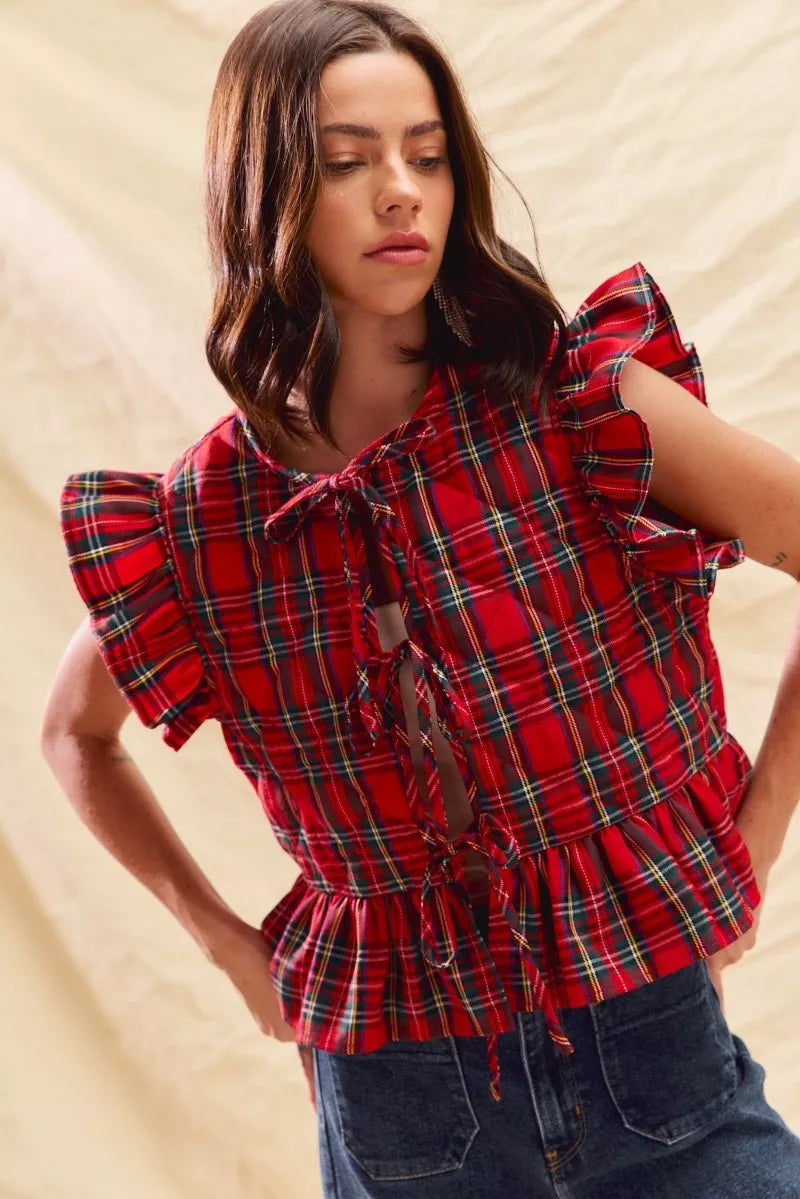 SO ME Christmas Holiday Plaid Ruffled Quilt Vest Top Trendsi
