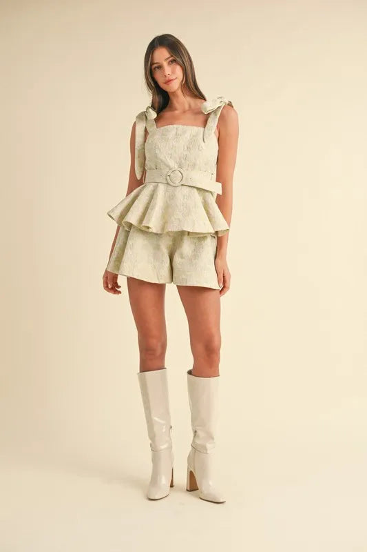 MABLE Jacquard Floral Peplum Top and Flare Shorts Set OutfitFlow
