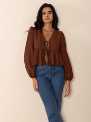 Peplum Tied V-Neck Long Sleeve Blouse Brown OutfitFlow