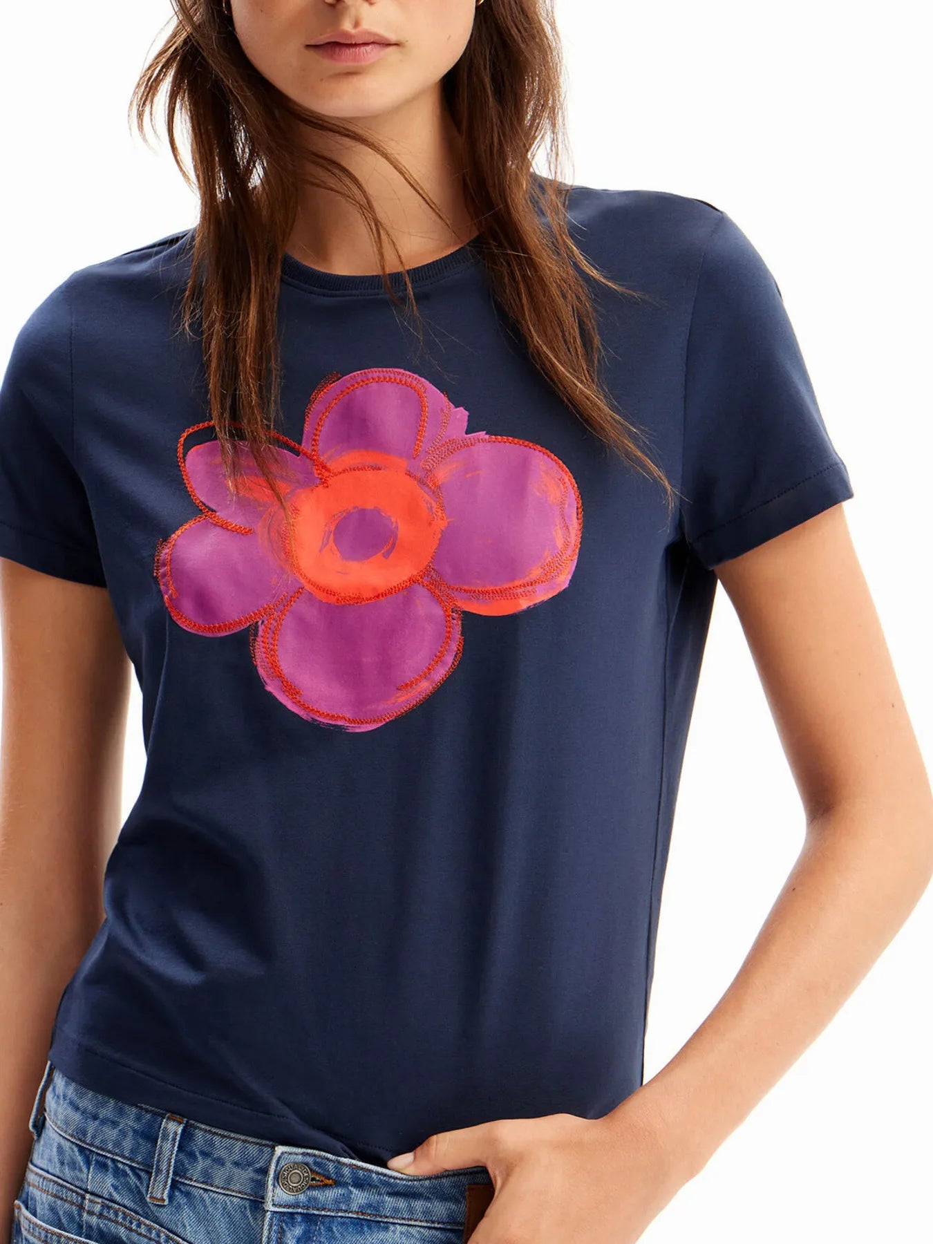 Flower Graphic Round Neck T-Shirt Blue OutfitFlow