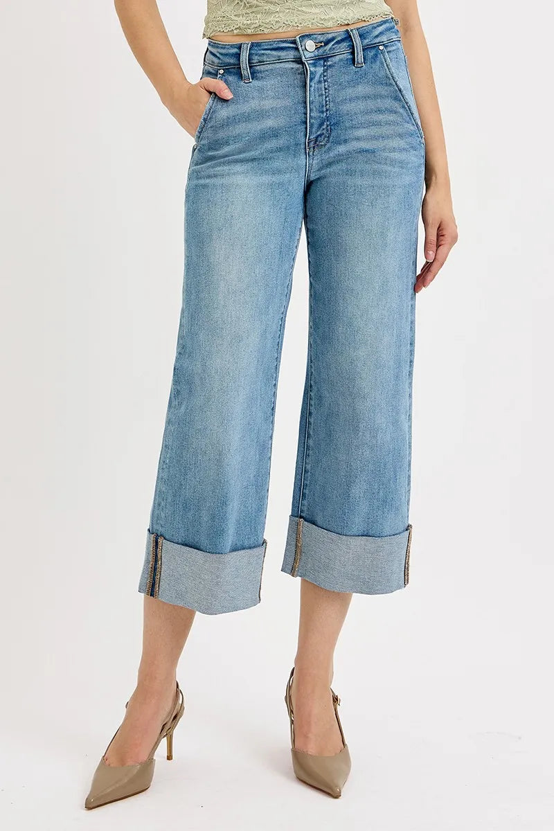 RISEN Full Size Tummy Control High Rise Ankle Wide Cuffed Jeans Plus Size OutfitFlow
