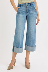RISEN Full Size Tummy Control High Rise Ankle Wide Cuffed Jeans Plus Size OutfitFlow