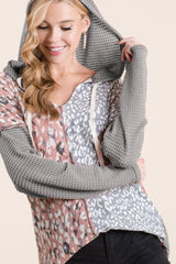 BiBi Popcorn Waffle Knit Hoodie with Print Block Front H.GREY MAUVE OutfitFlow