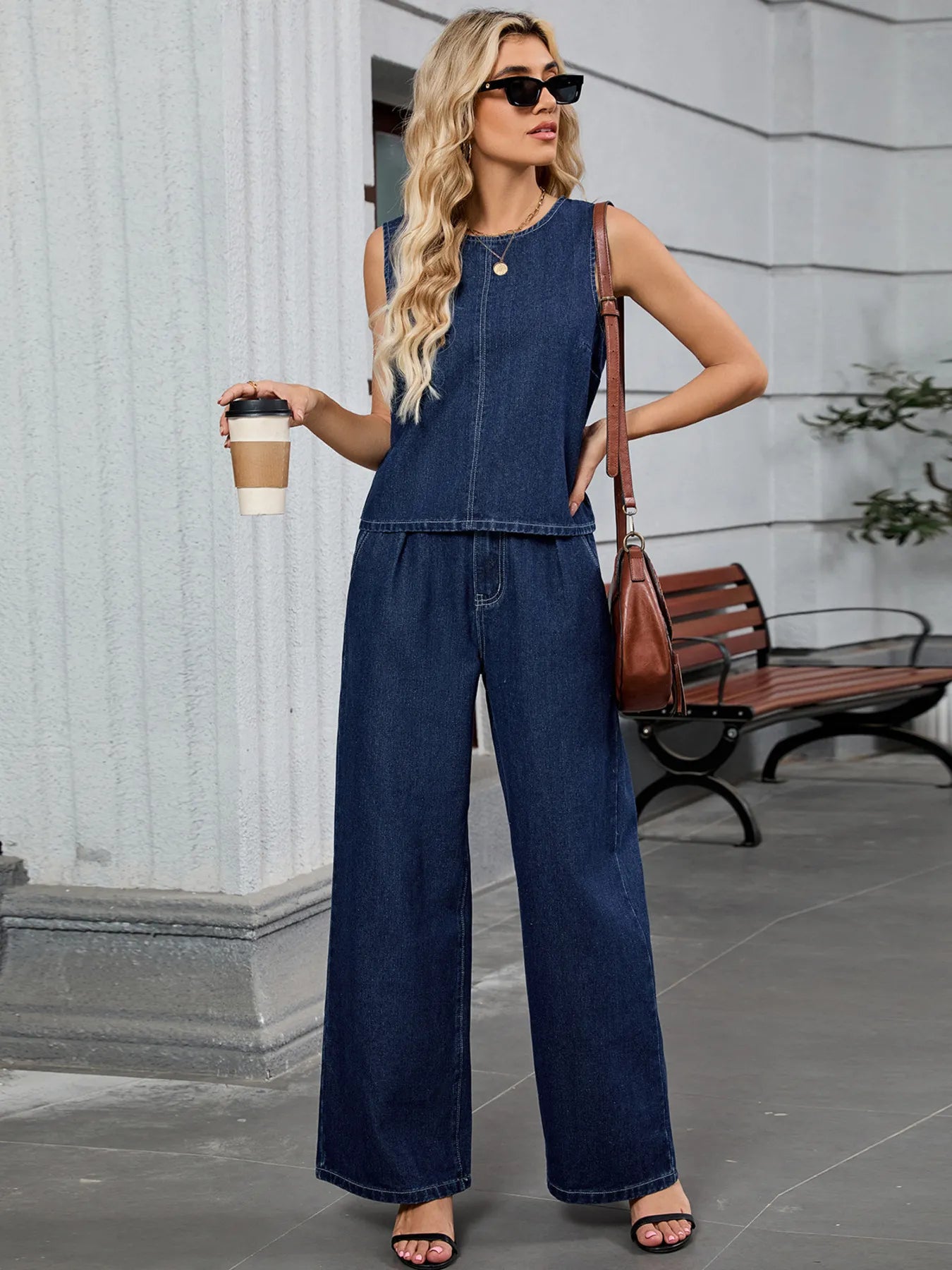 Round Neck Tank and Pants Denim Set OutfitFlow
