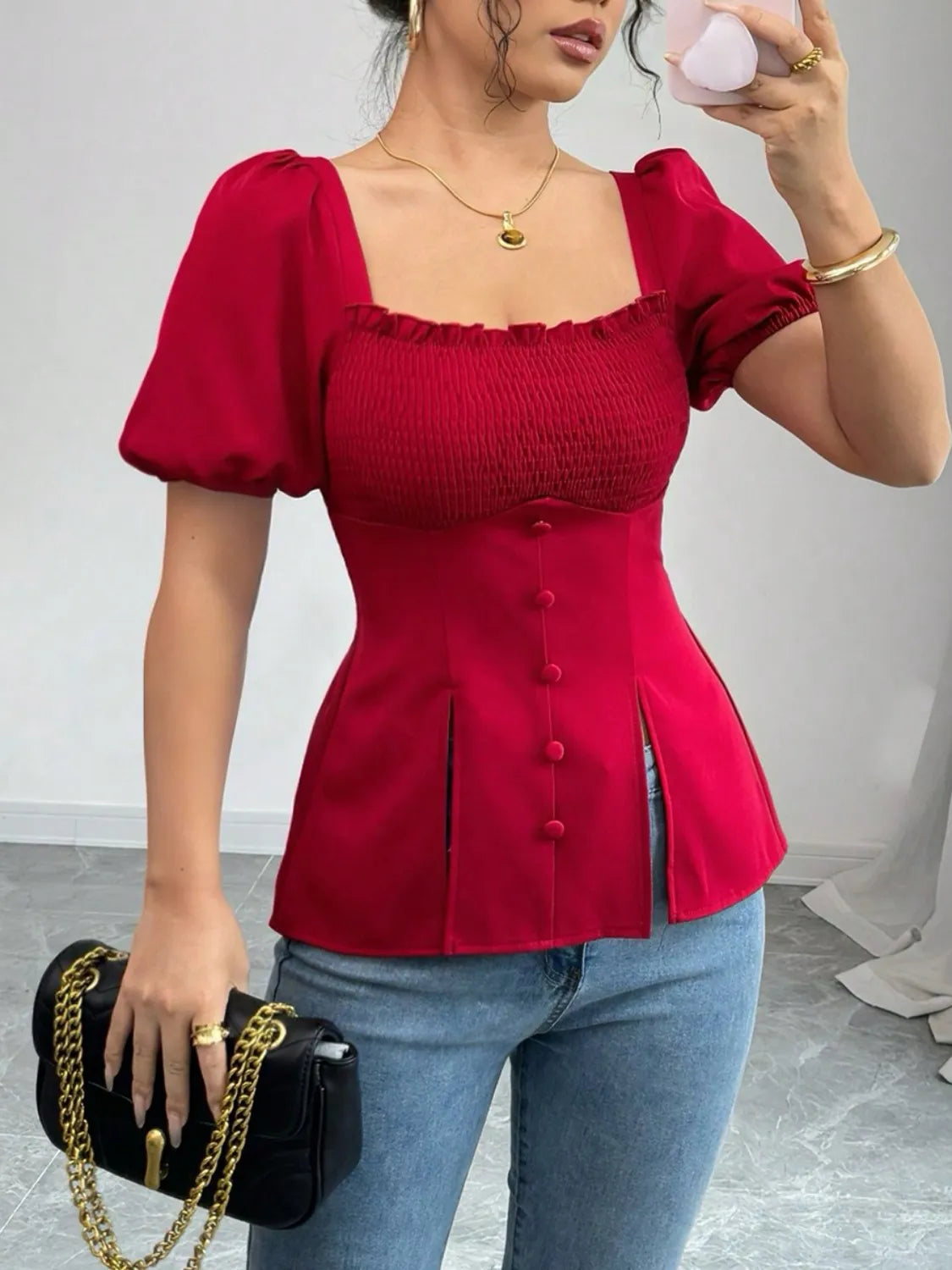 Slit Square Neck Short Sleeve Blouse OutfitFlow