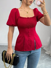 Slit Square Neck Short Sleeve Blouse OutfitFlow