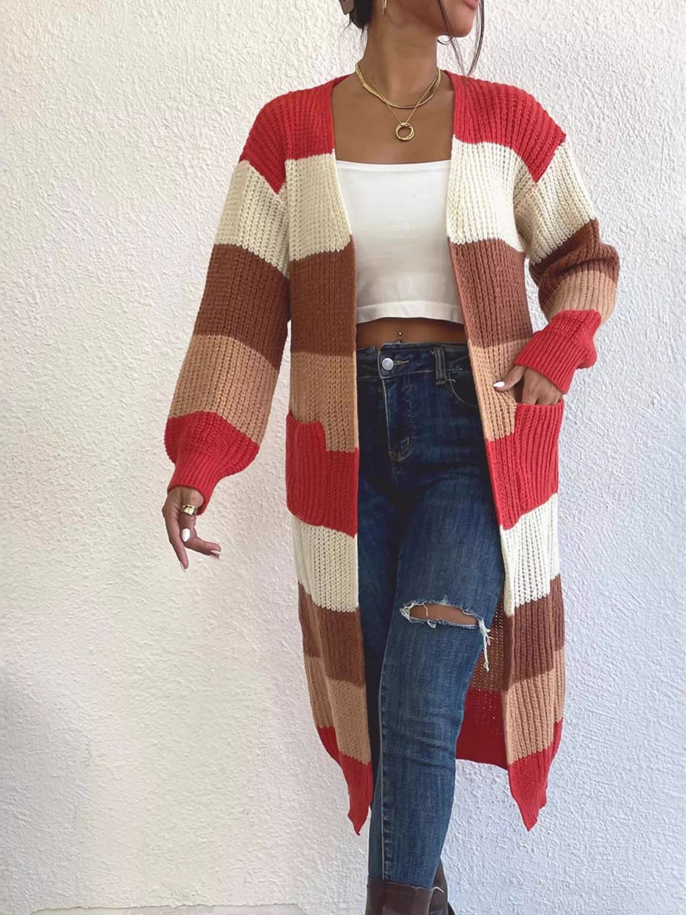 Striped Color Block Open Front Knit Cardigan Trendsi