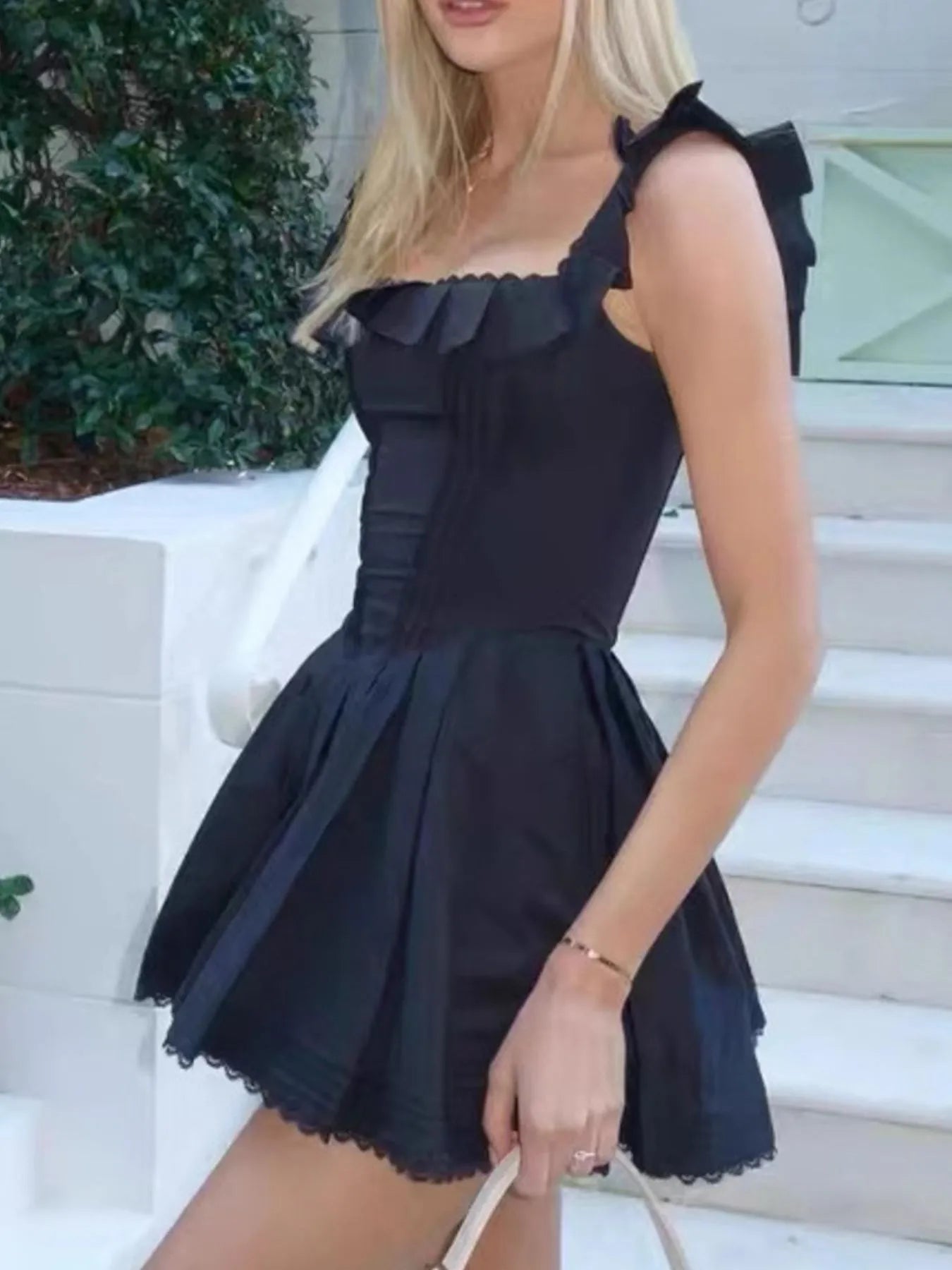 Square Neck Pleated Mini Dress OutfitFlow