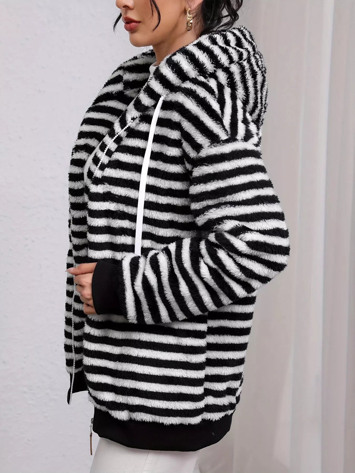Striped Plush Zip-Up Hooded Outerwear OutfitFlow