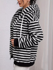 Striped Plush Zip-Up Hooded Outerwear OutfitFlow