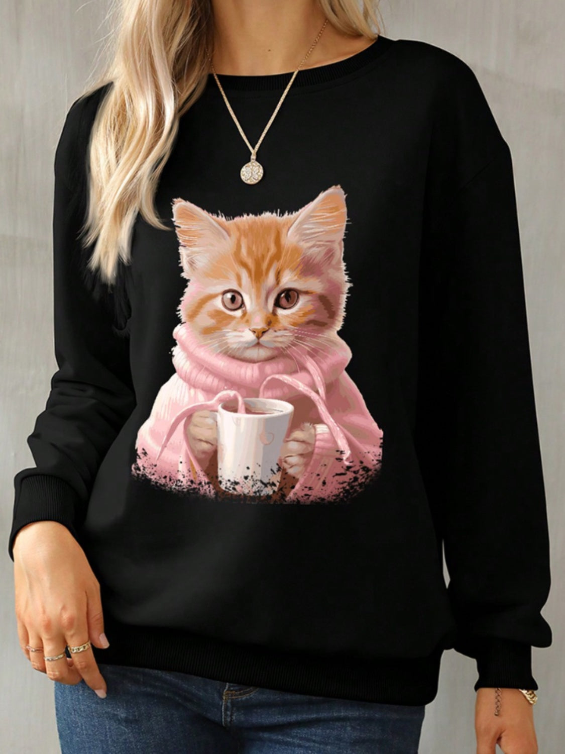 Outfit Flow - Cat Round Neck Long Sleeve Sweatshirt