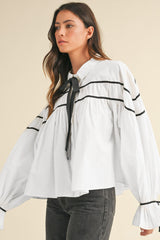 Outfit Flow - Ribbon Bowtie Collared Neck Flounce Sleeve Shirt