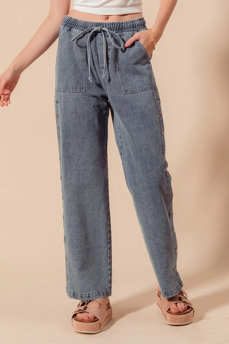 SO ME Mid Rise Drawstring Jeans with Side Snap Button OutfitFlow