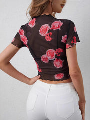 Mesh Rose Print Fitted T-Shirt OutfitFlow
