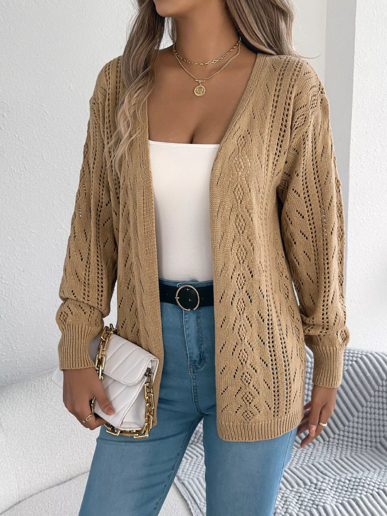 Openwork Open Front Cardigan OutfitFlow