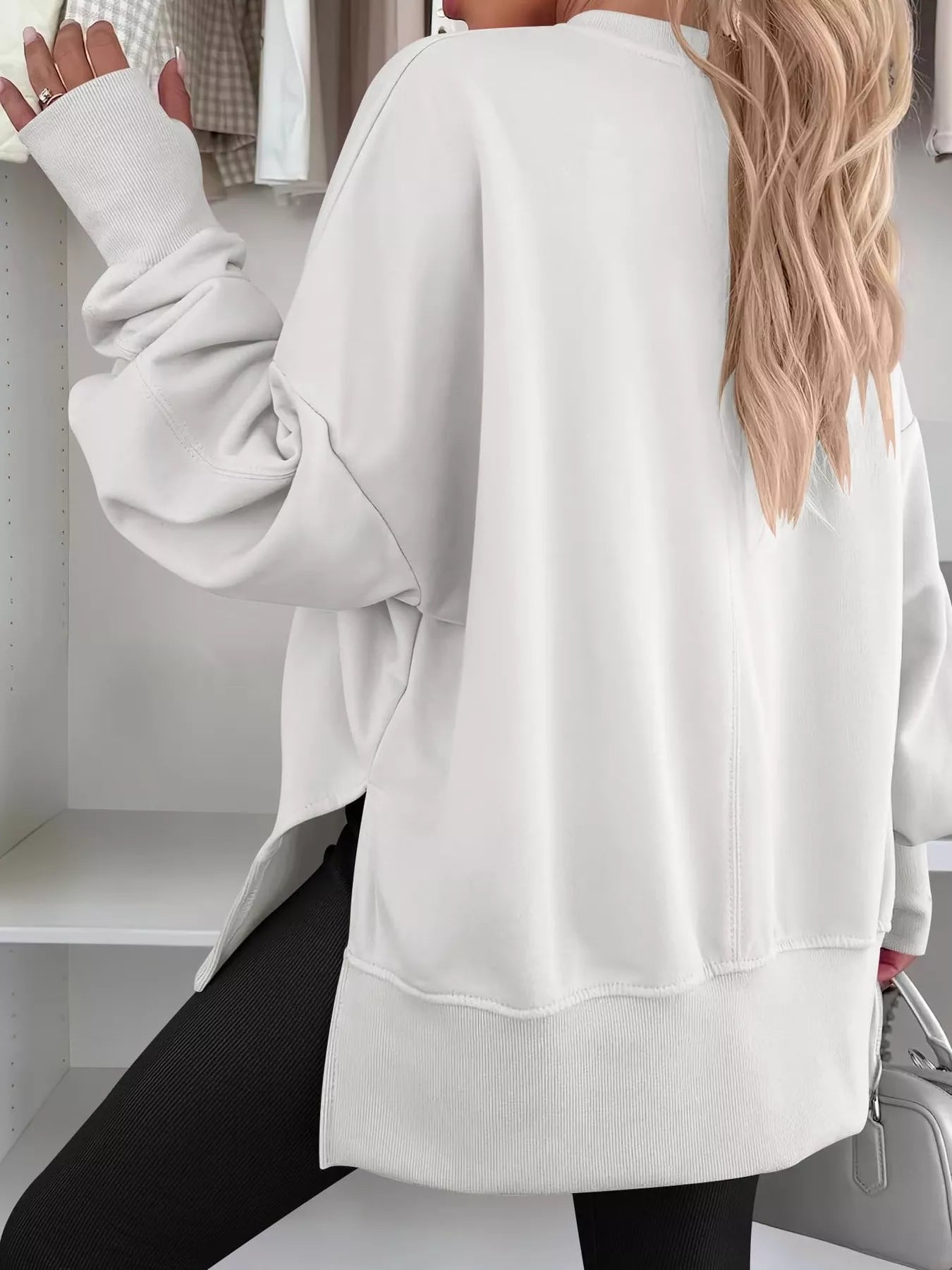 Side Slit Round Neck Long Sleeve Sweatshirt OutfitFlow